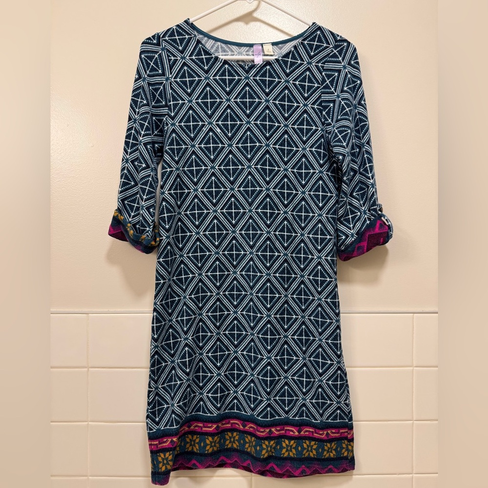 Alya Blue and White Geometric Sweater Dress